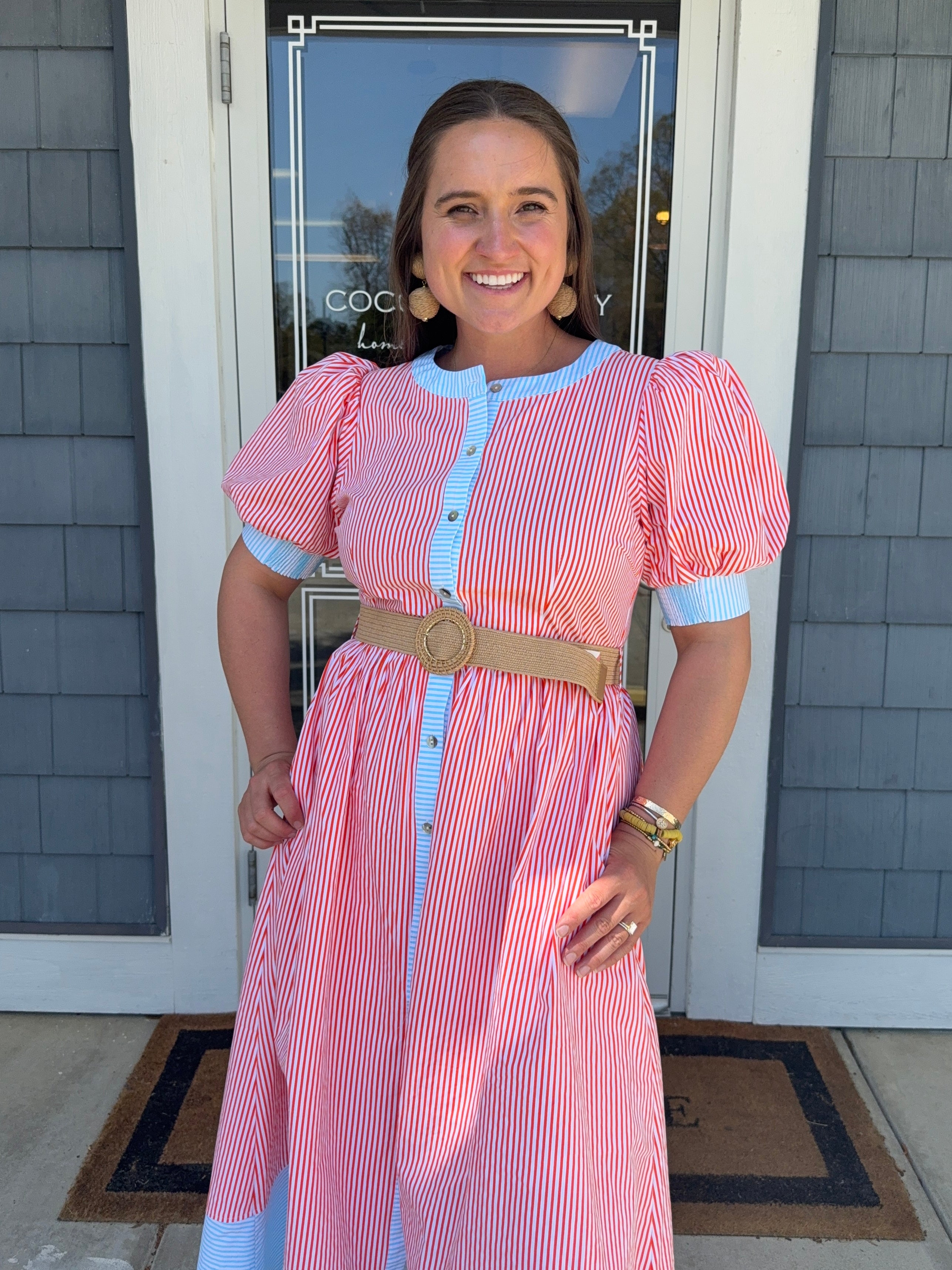 Orange & Blue Stripe Midi Dress w/ Belt