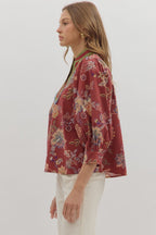 Burgundy Floral Print Scalloped Top