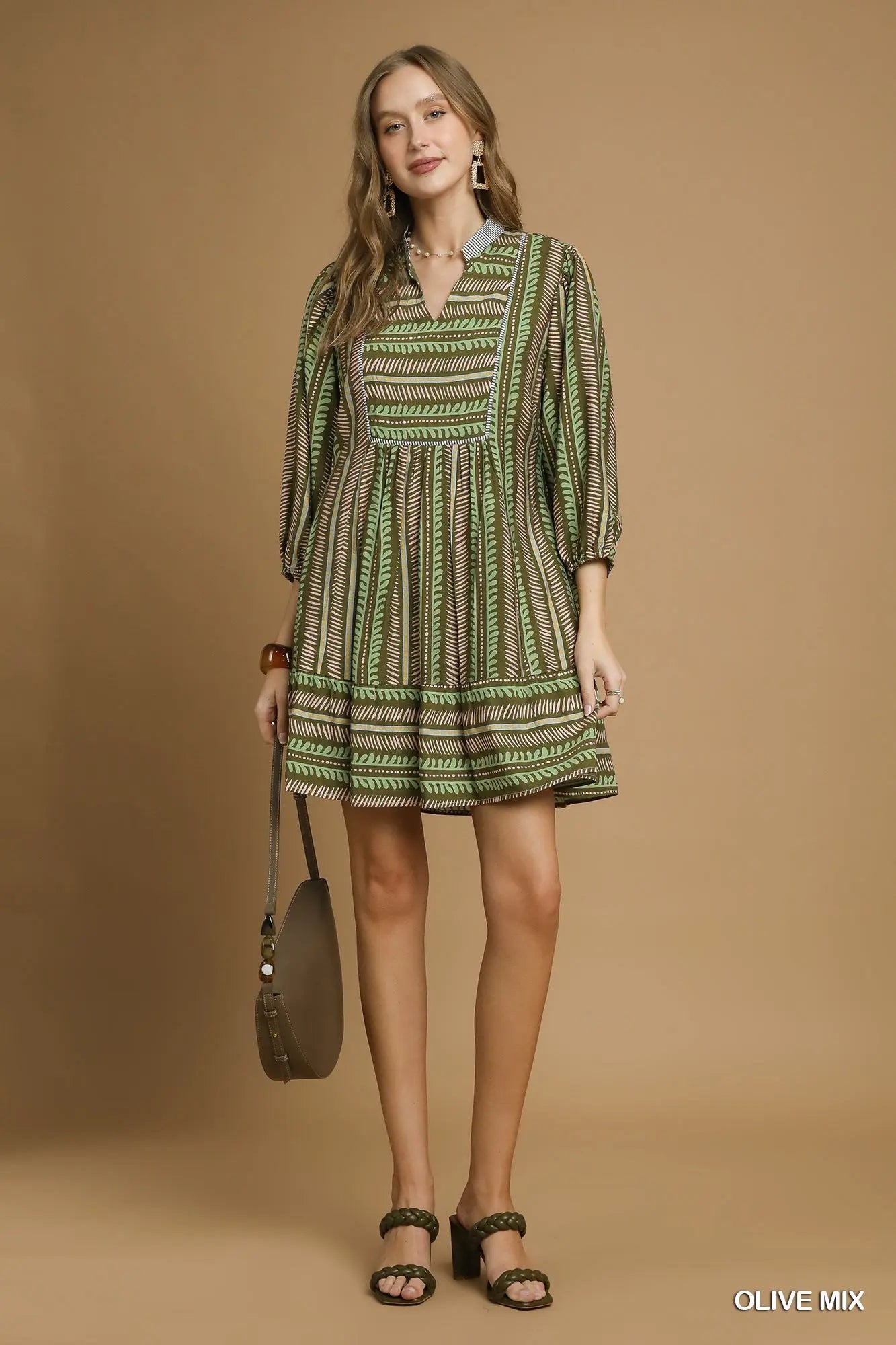 Olive Aztec Babydoll Dress SHIPS OR PICKUK FROM COCO 10/10/25