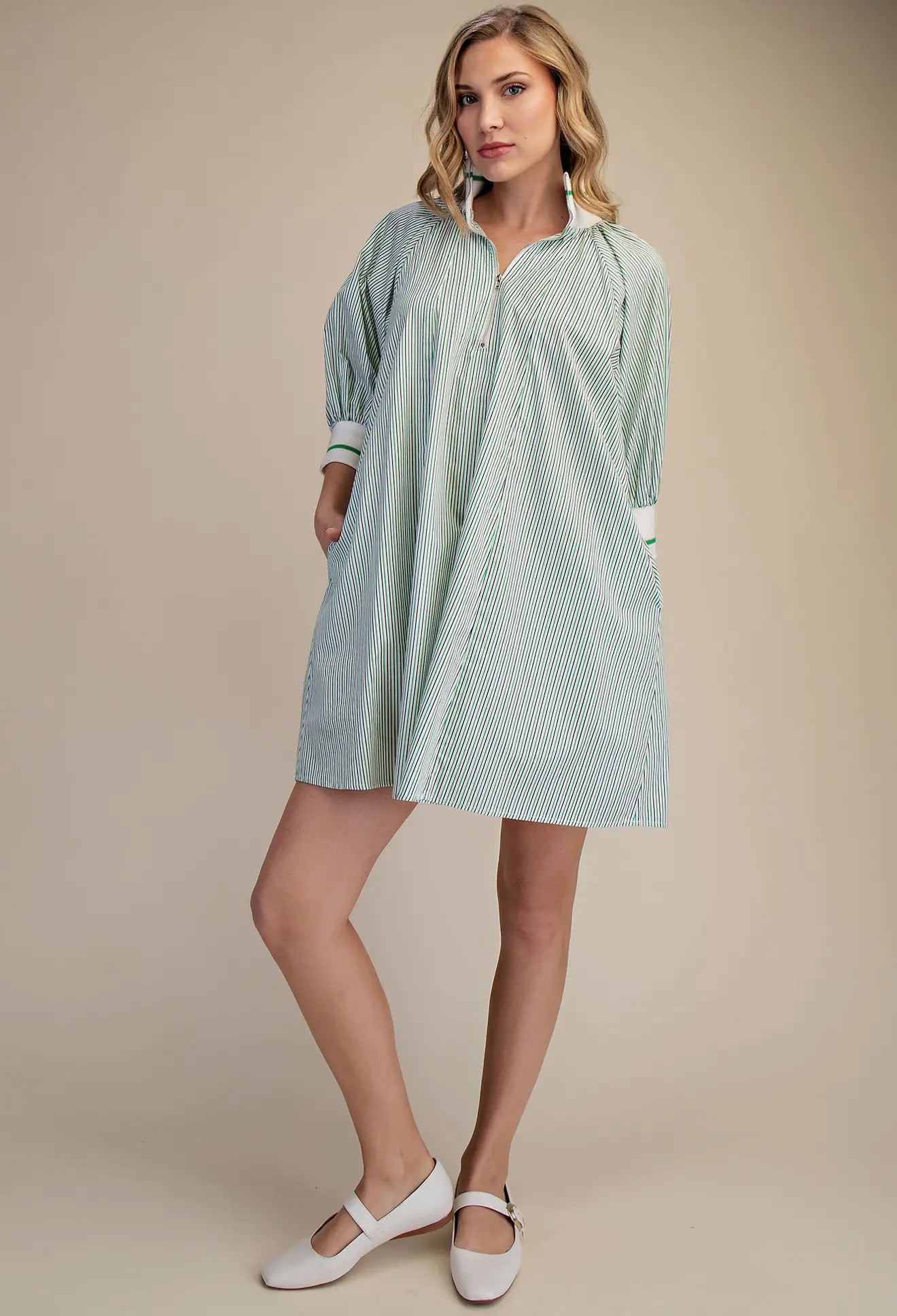 Green & White Mock Neck Banded Puff Sleeve Mini Dress