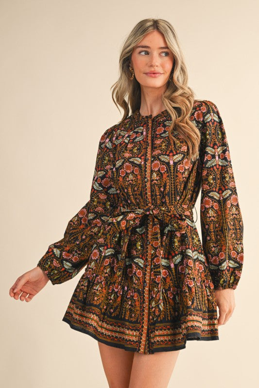 Black Multi Floral Button Down Belted Mini Dress