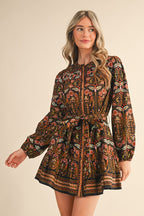 Black Multi Floral Button Down Belted Mini Dress
