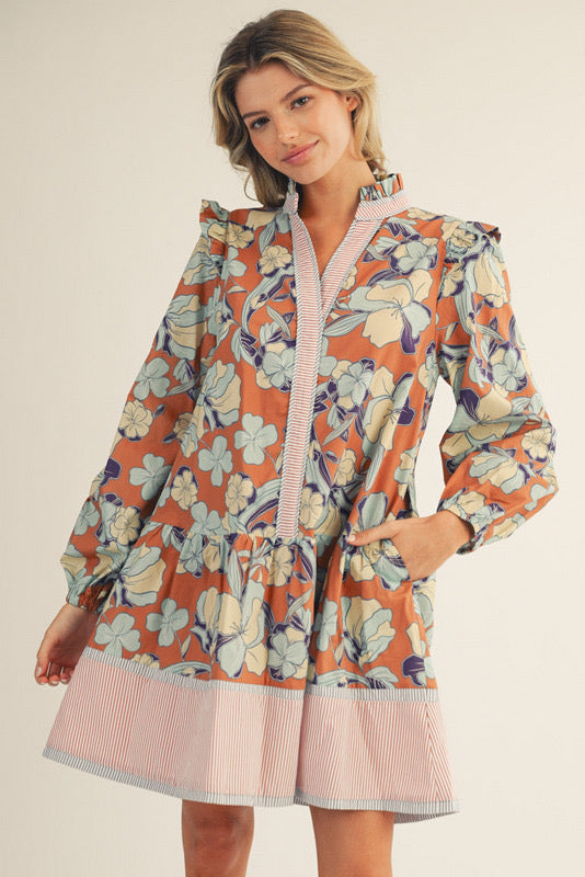 Caramel Ruffle Shoulder Floral Dress