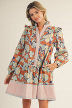 Caramel Ruffle Shoulder Floral Dress