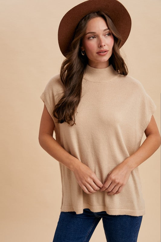 Oatmeal Soft Wool Blend Mock Neck Short Sleeve Sweater