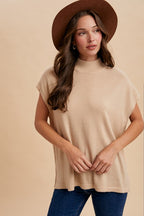 Oatmeal Soft Wool Blend Mock Neck Short Sleeve Sweater