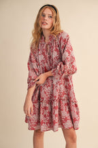 Red Floral Jacquard Smocked Dress