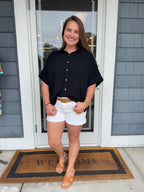 Black Linen Ruched Seam Cuffed Sleeve Button Down Top