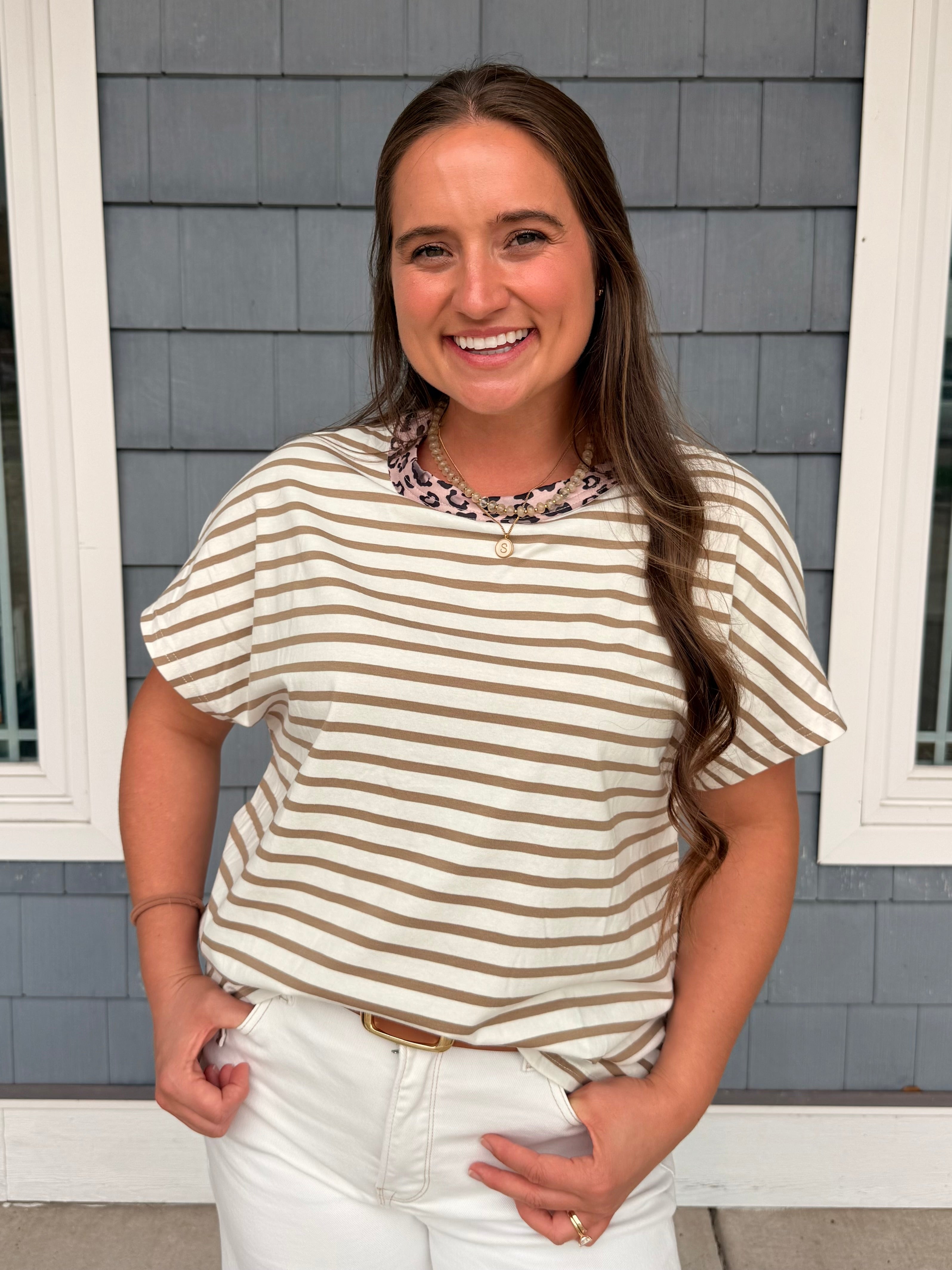 Striped Leopard collar Basic Top