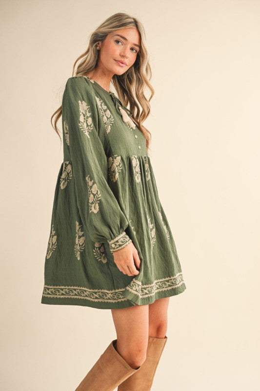Olive Embroidered Puff Sleeve Dress