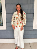 Offwhite Big Pearl Button Floral Top
