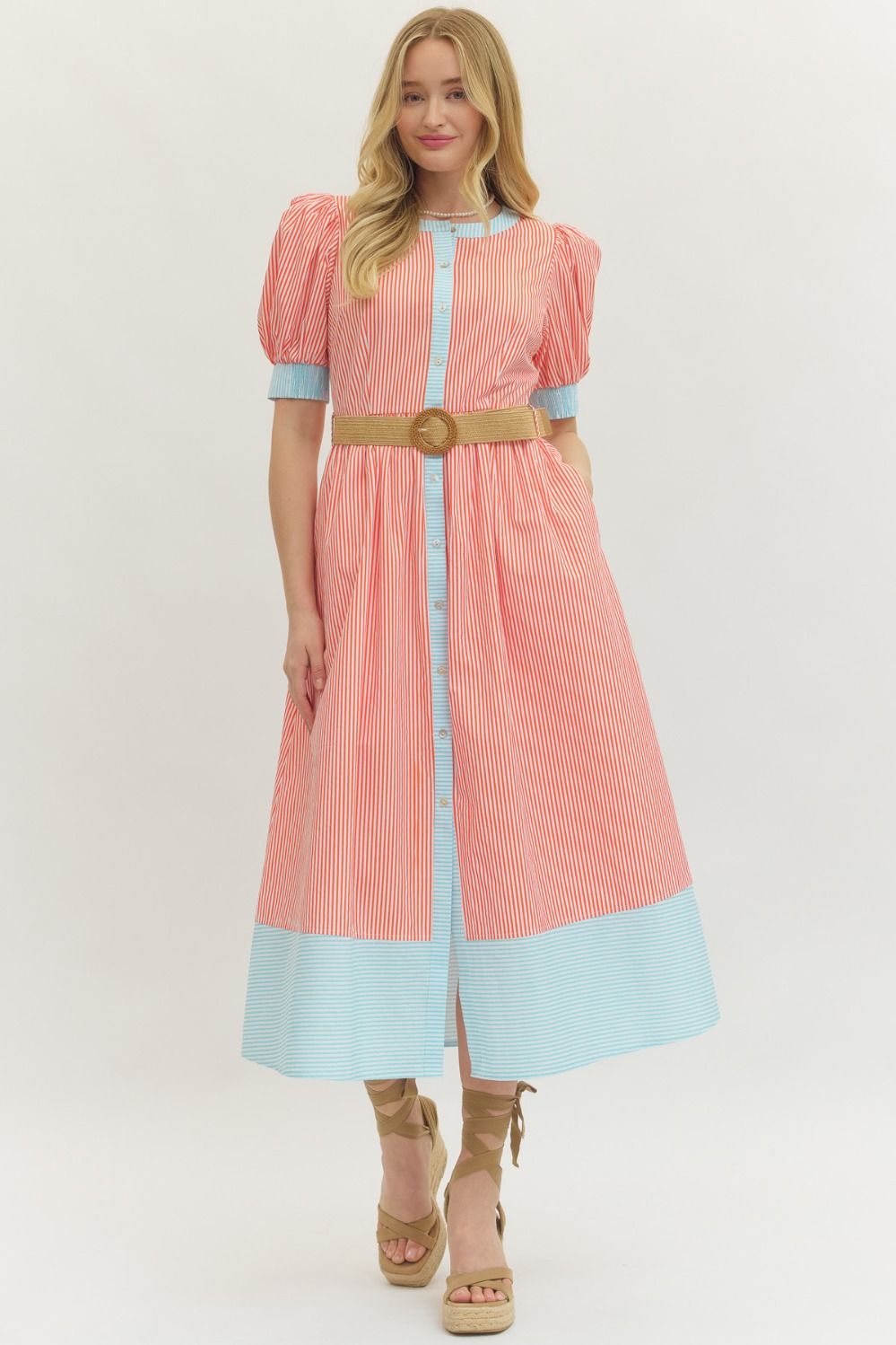 Orange & Blue Stripe Midi Dress w/ Belt