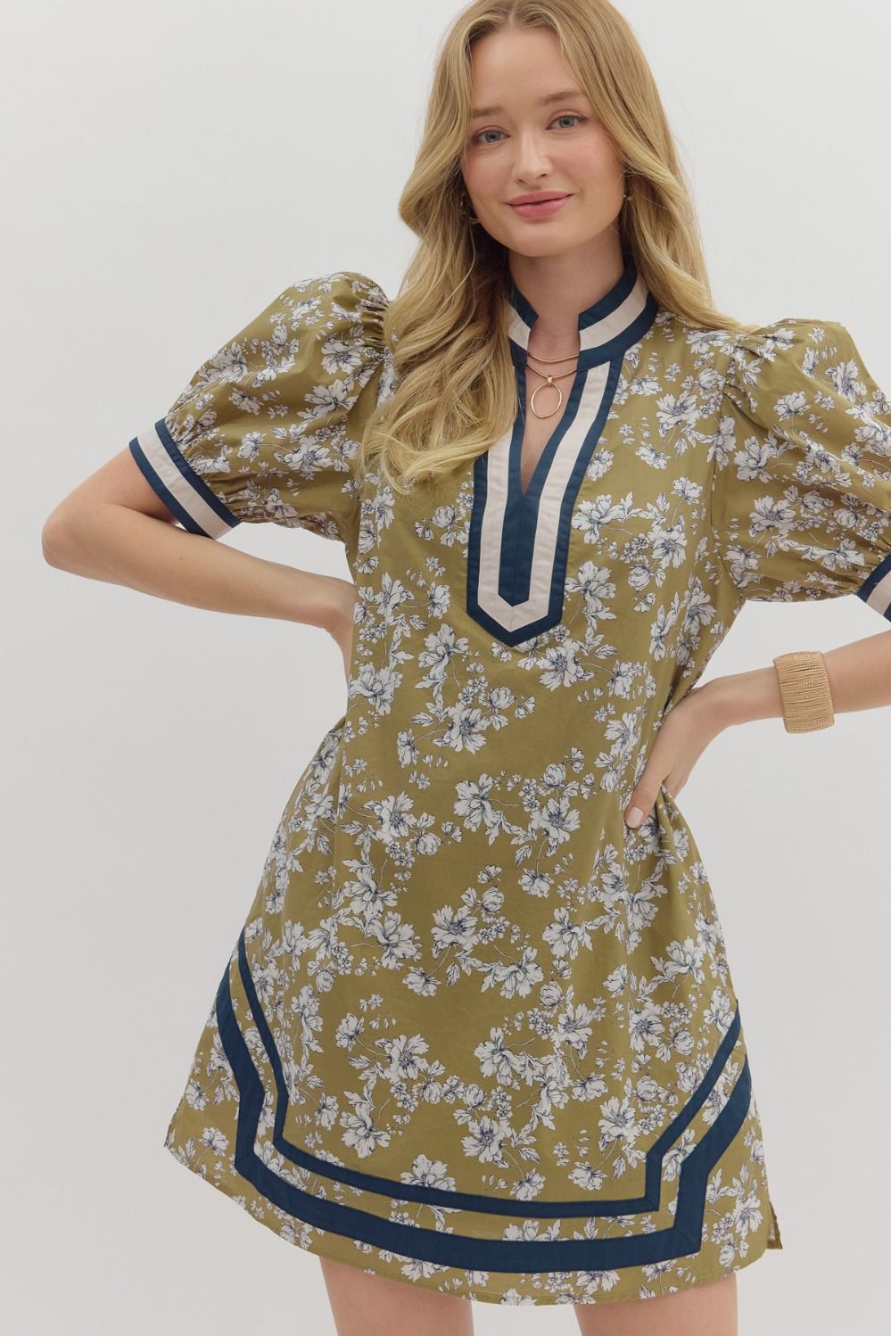 Olive Floral Print Mini Dress