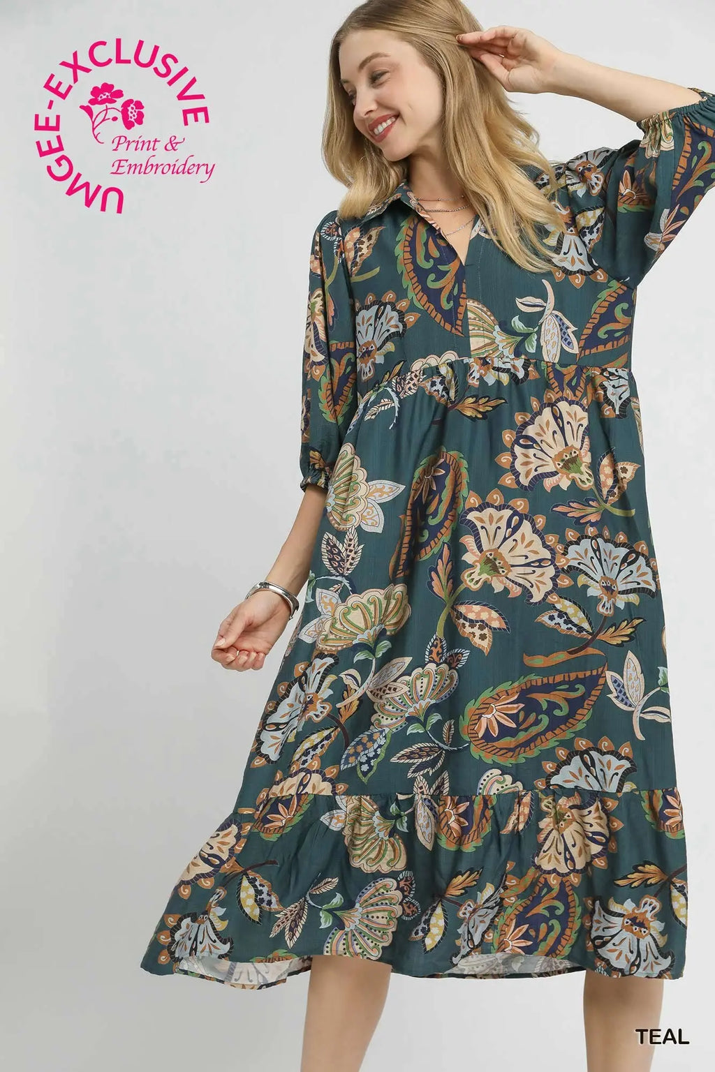 Teal Boho Paisley Midi Dress