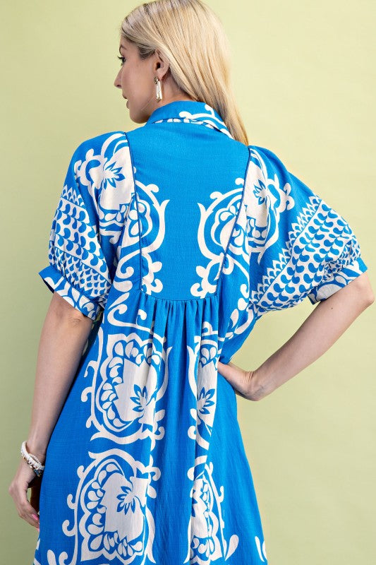 Vibrant Blue Mixed Print MIDI Dress