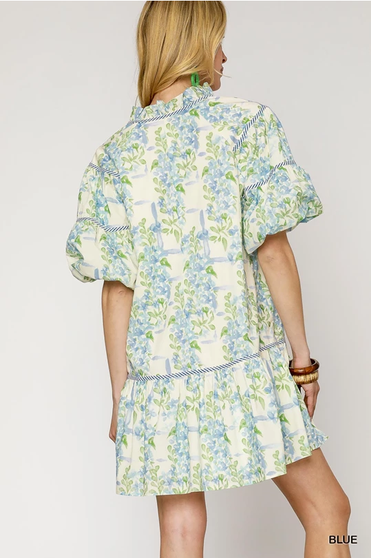 Blue Hydrangea Square Print Dress