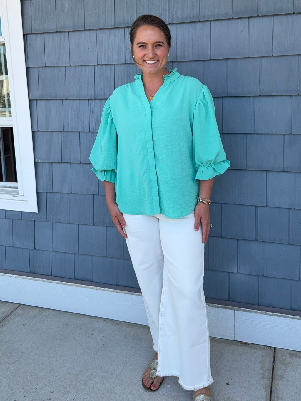 Emerald Balloon Sleeve Blouse