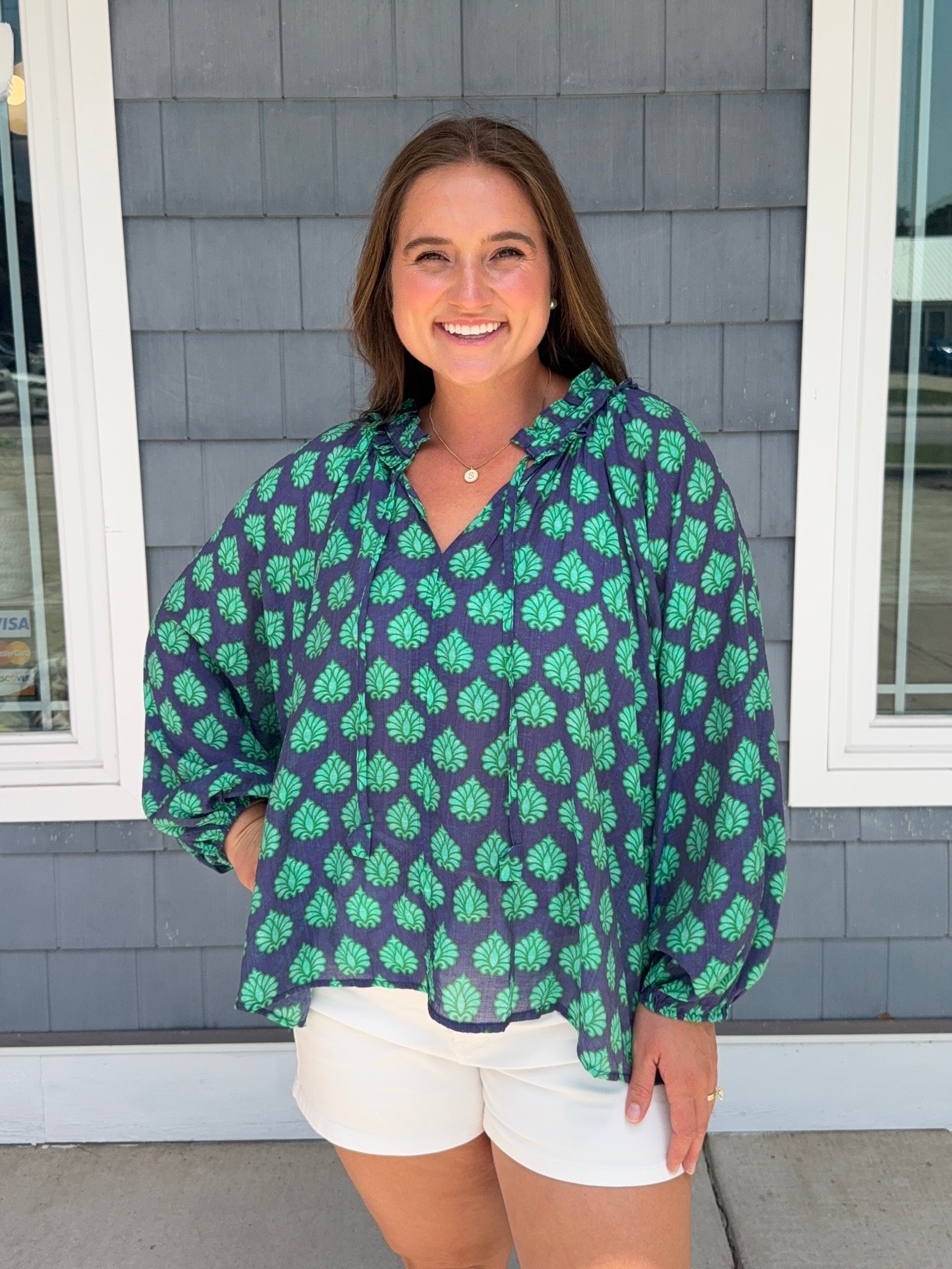 Navy Mix Blouse With Adjustable Tie String