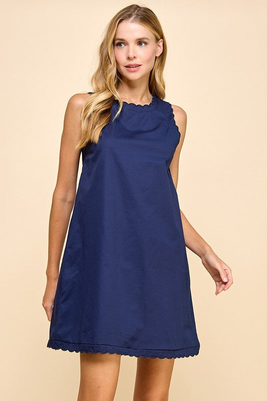 Navy Scalloped Detail Round Neck Dress