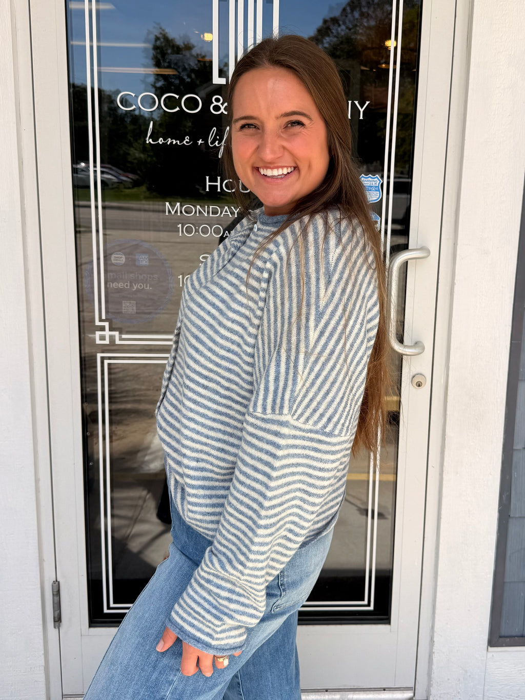 Dusty Blue Raw Edge Stripe Drop Shoulder Knit Cardigan
