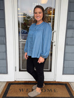 Denim Tencel Button Front Peasant Top