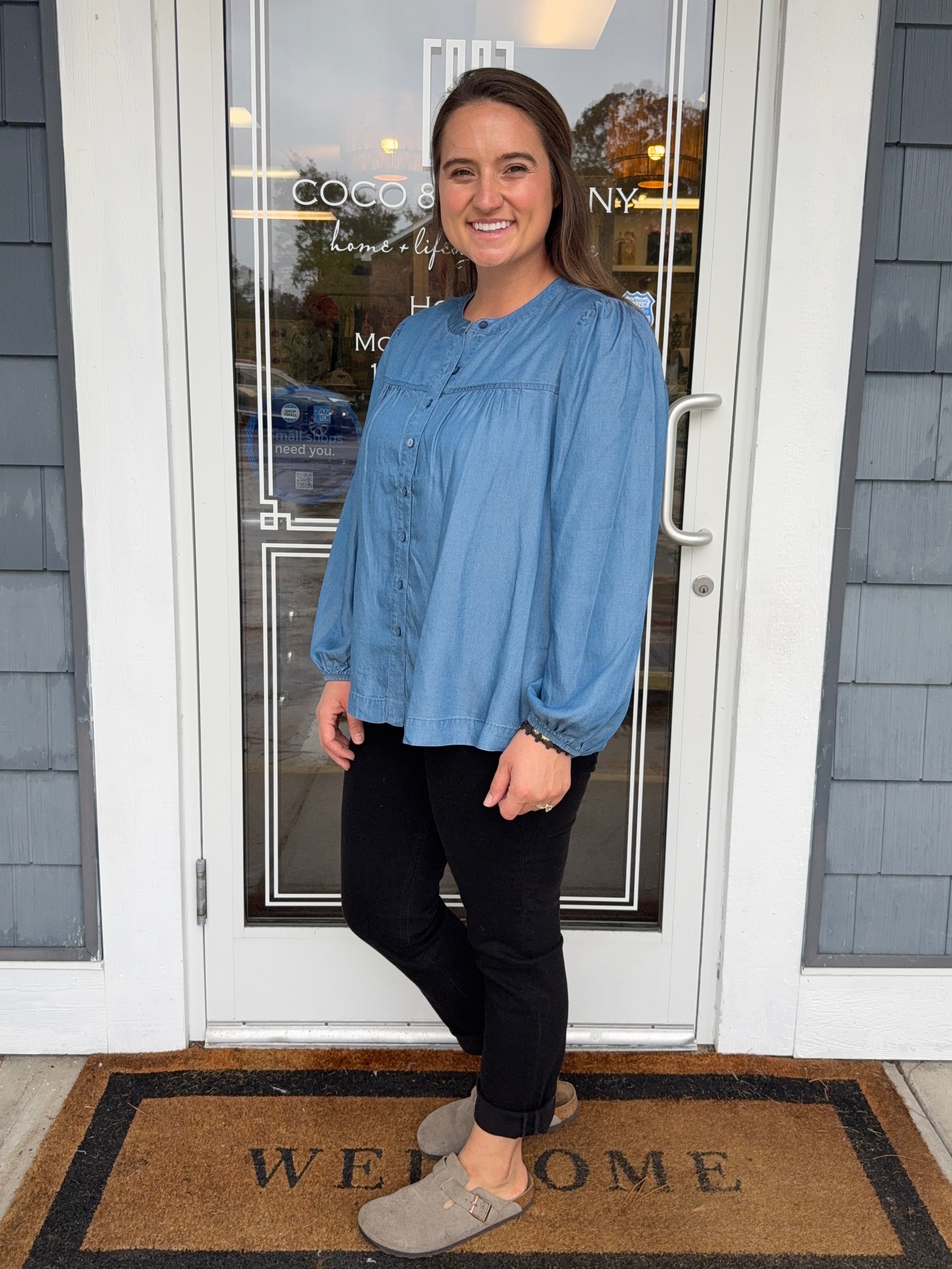 Denim Tencel Button Front Peasant Top