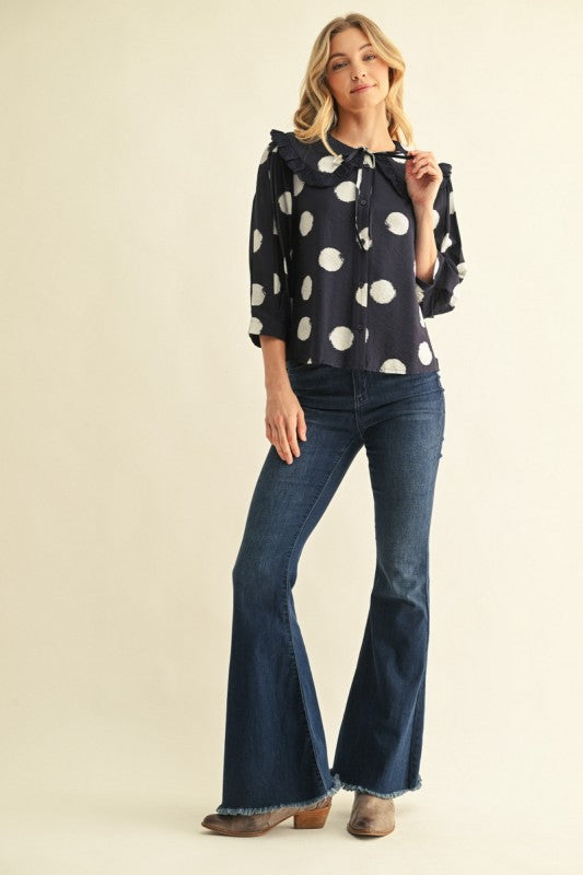 PREORDER: Navy Collared Polka Dot Top