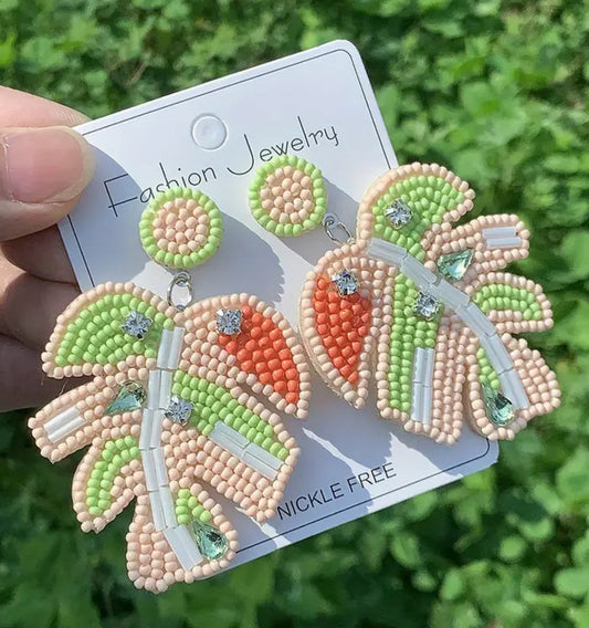 Tropical Leaf Beaded Earrings- Green