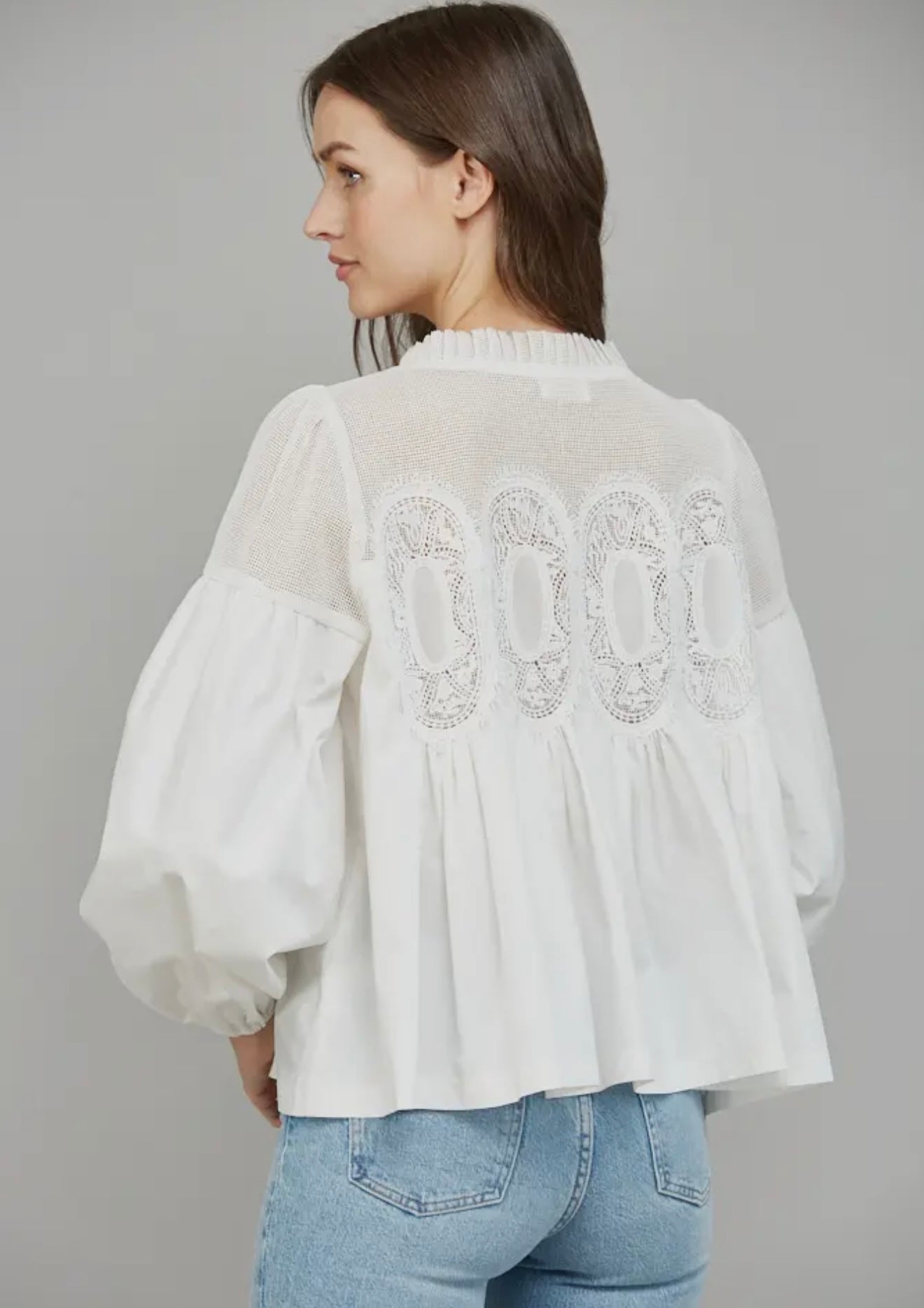 Lace Appliqué Mixed Media LS Blouse White