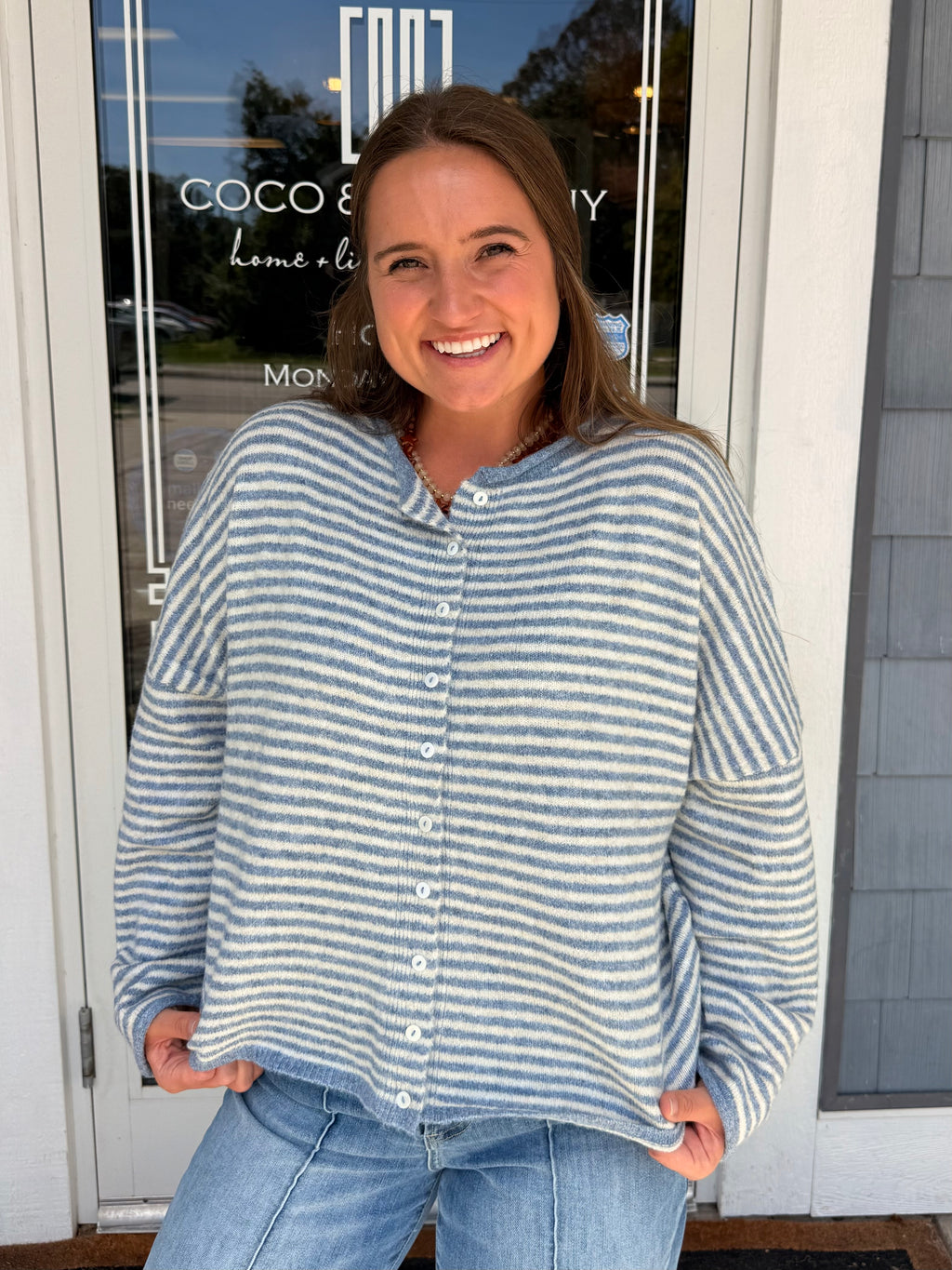 Dusty Blue Raw Edge Stripe Drop Shoulder Knit Cardigan