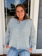 Dusty Blue Raw Edge Stripe Drop Shoulder Knit Cardigan