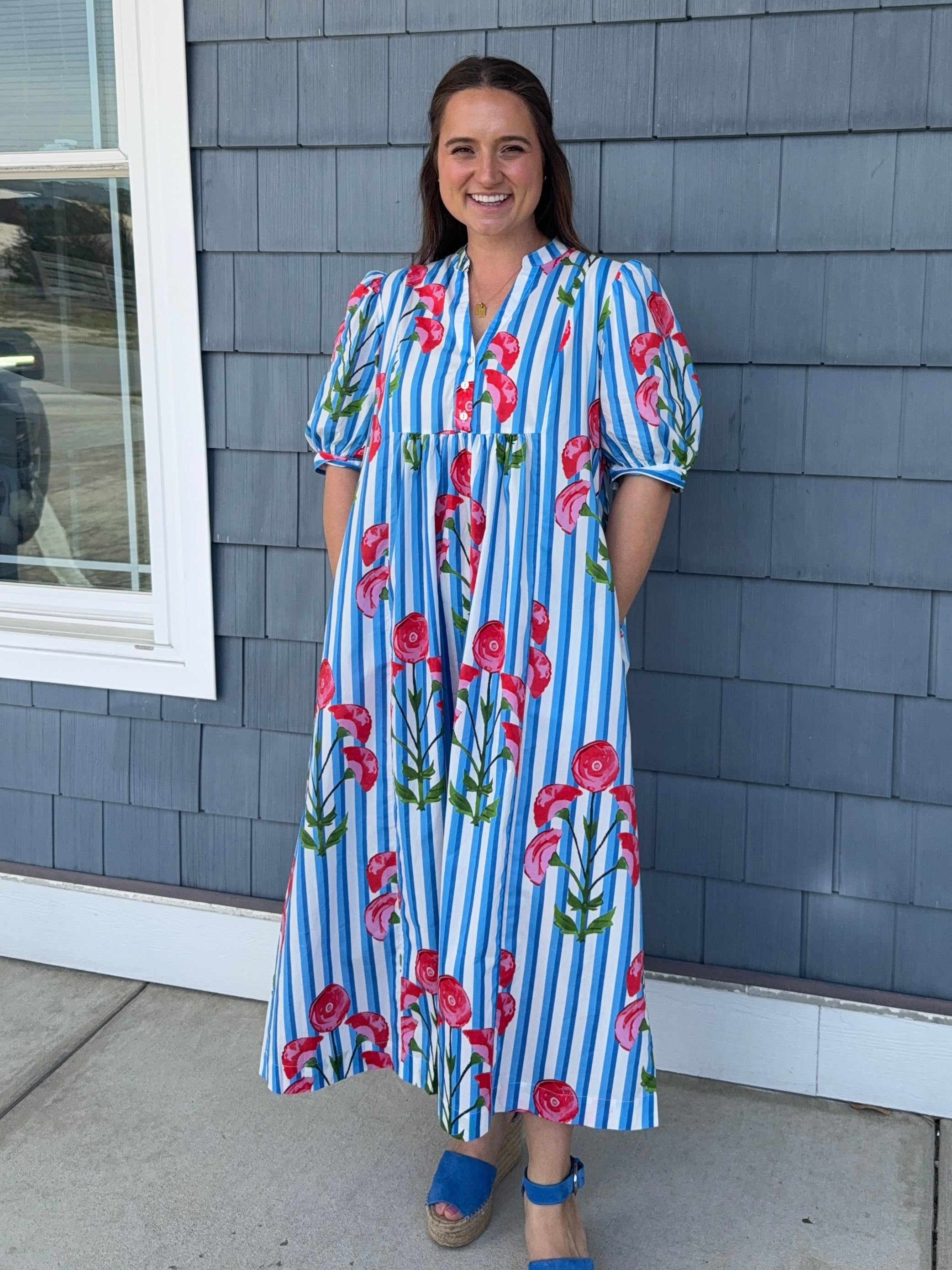 Blue Stripe Floral Midi Dress