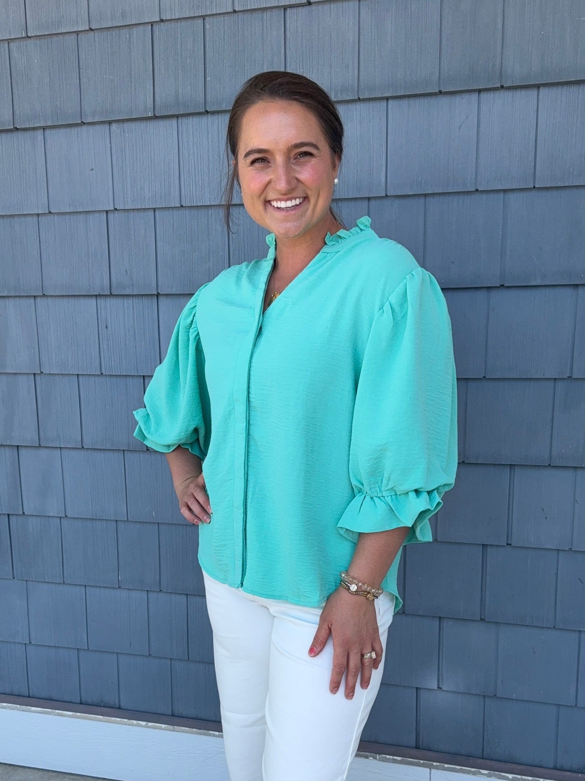 Emerald Balloon Sleeve Blouse