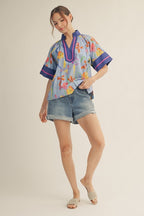 Blue Floral Contrast Detail Top