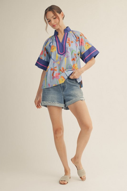Blue Floral Contrast Detail Top