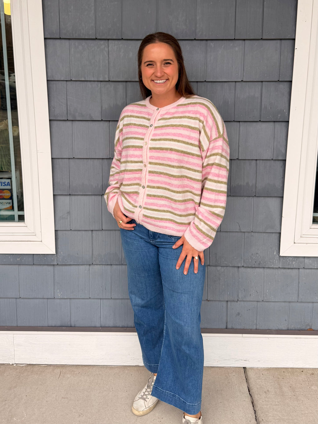 Pink & Green Stripe Button Up Sweater