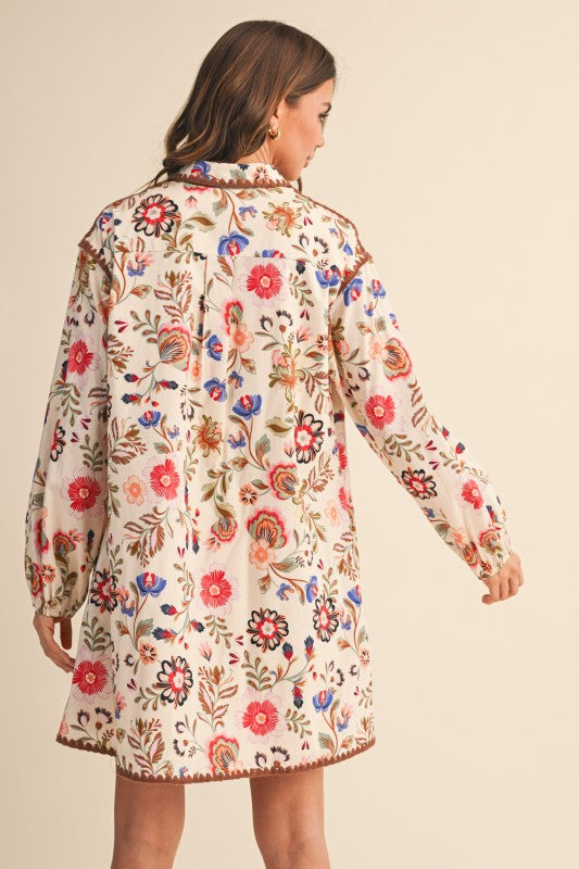 Floral Blanket Stitched Buttoned Dress