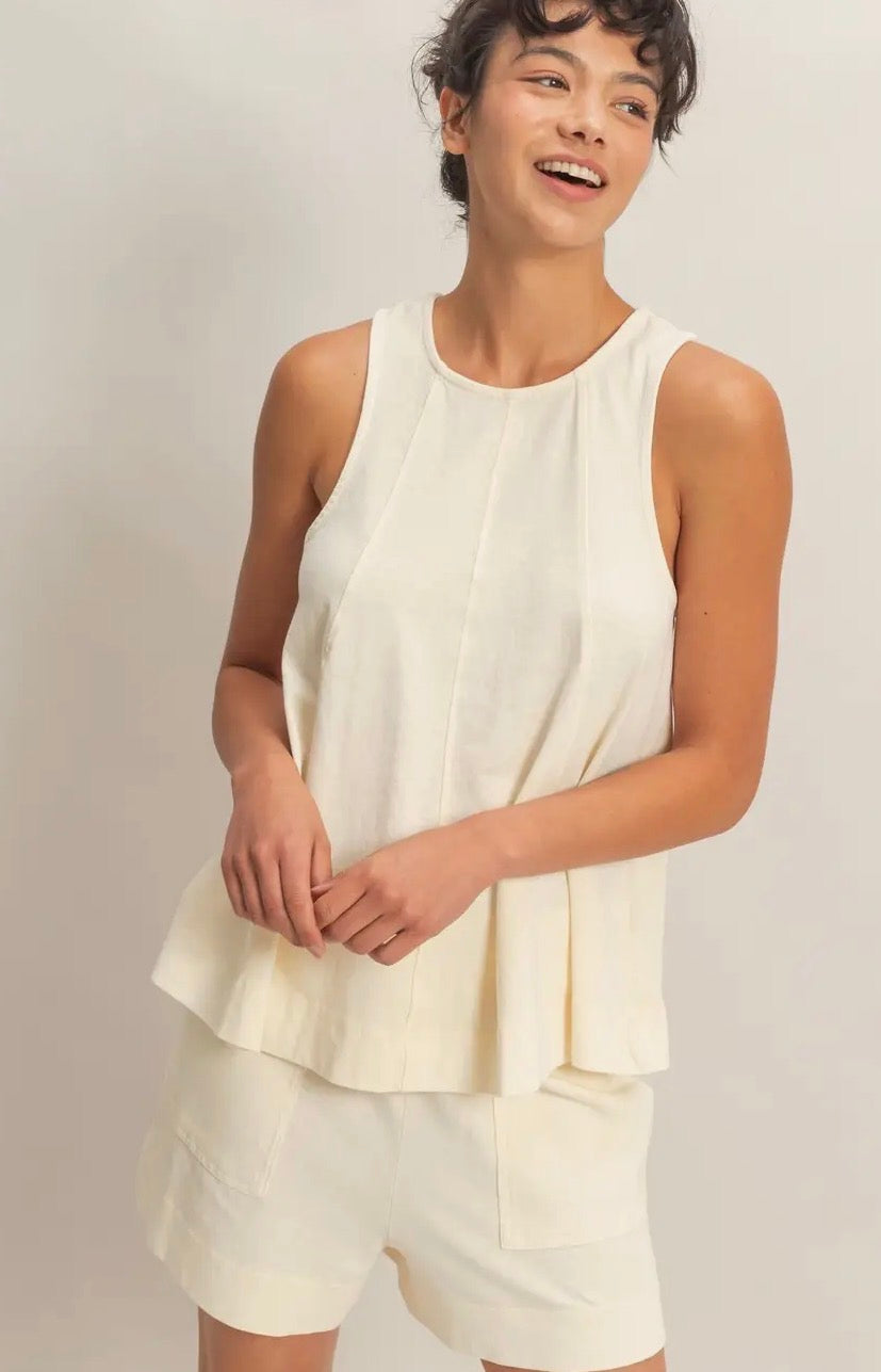 Sleeveless Round Neck Top & shorts Set- Cream