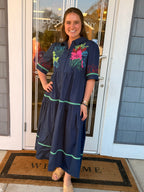 Navy Embroidered Button Down Midi Dress