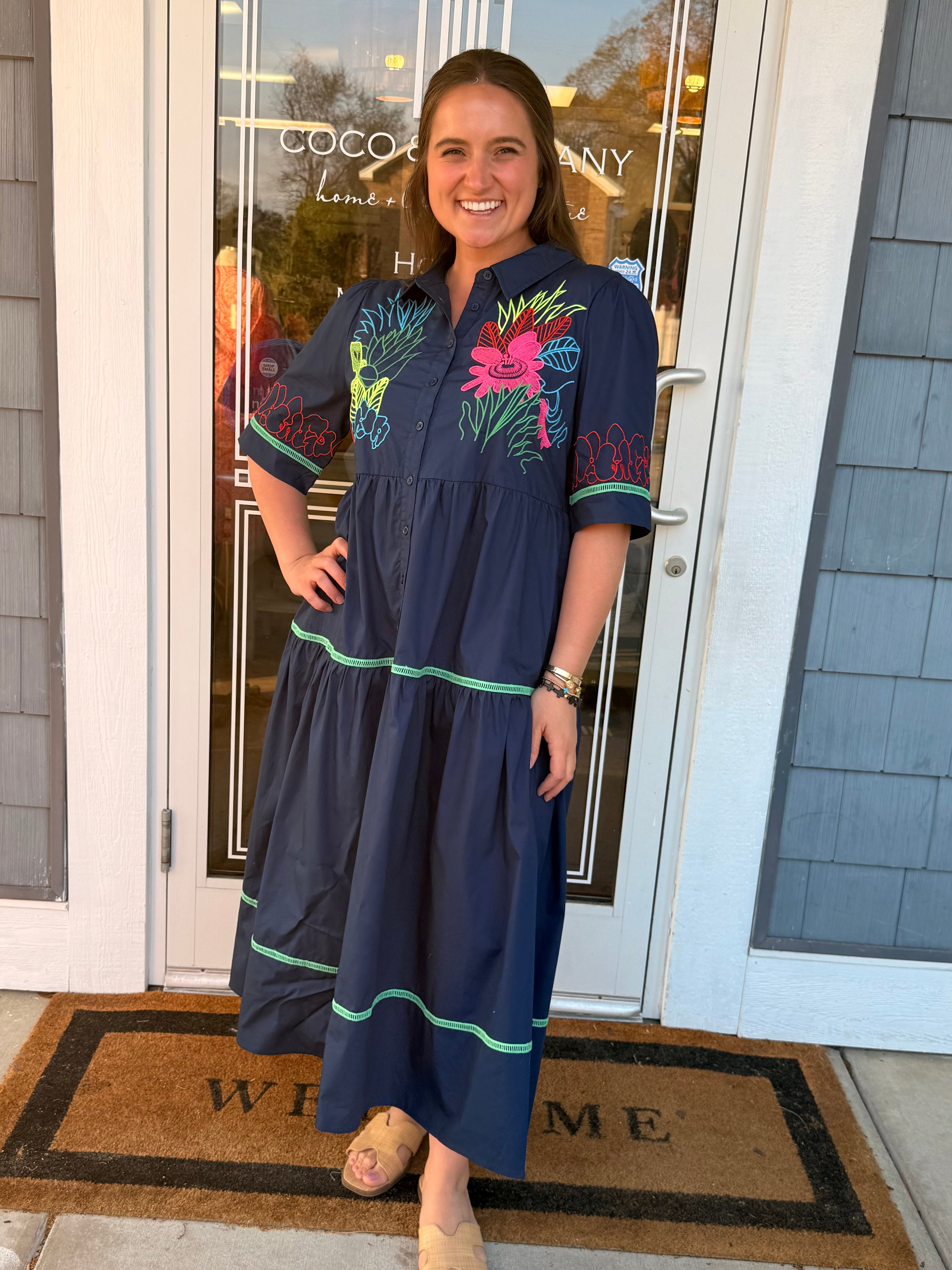 Navy Embroidered Button Down Midi Dress