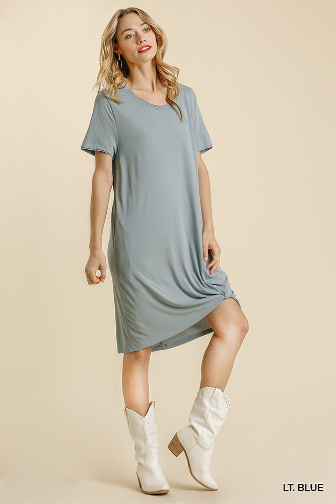 Light Blue SS T-shirt Dress with Gathered Detail