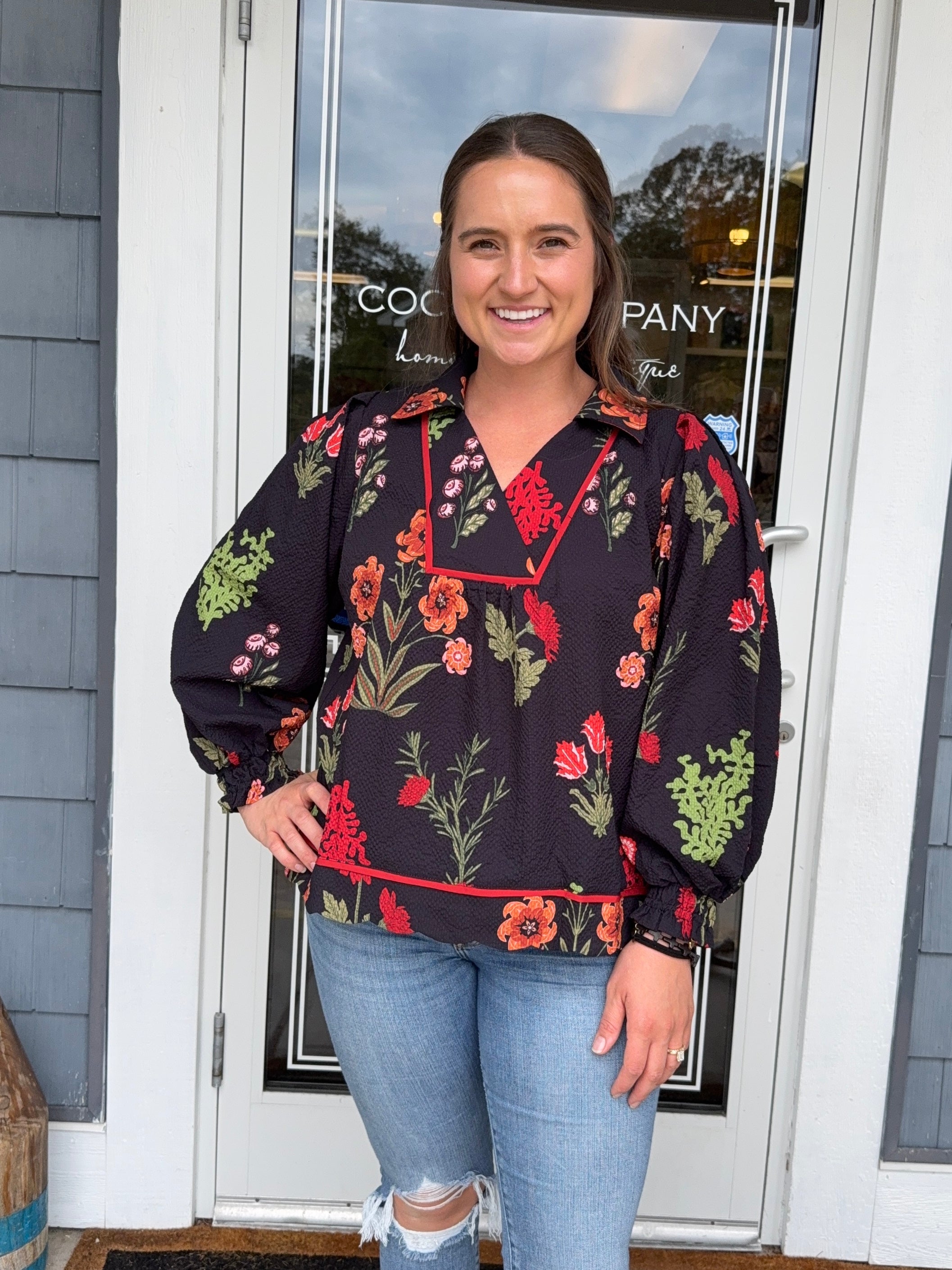 Black Floral Print Textured Fabric Collared Top