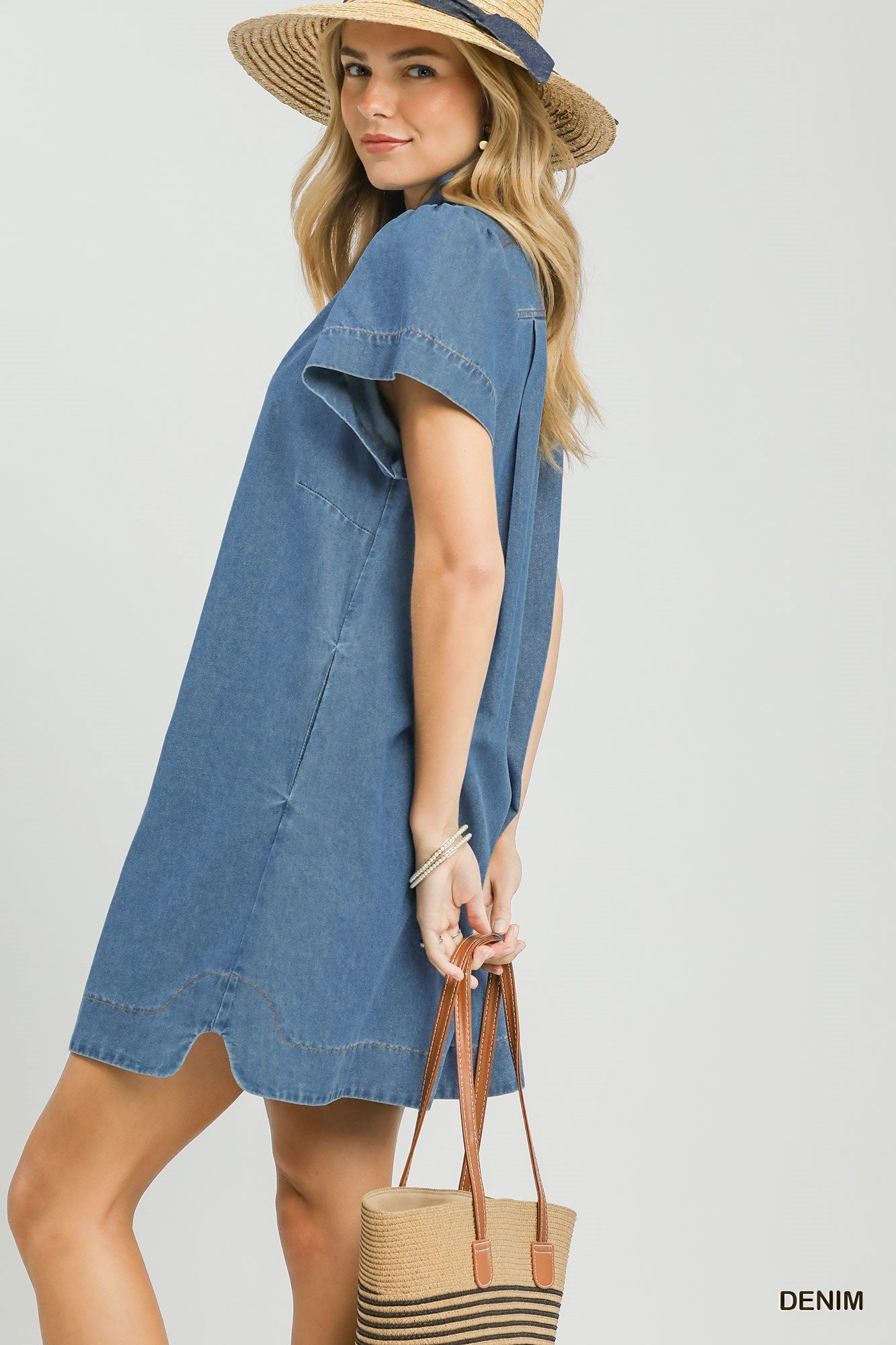 Denim Ruffle Collar Mini Dress: Ships or pickup 5/26/26