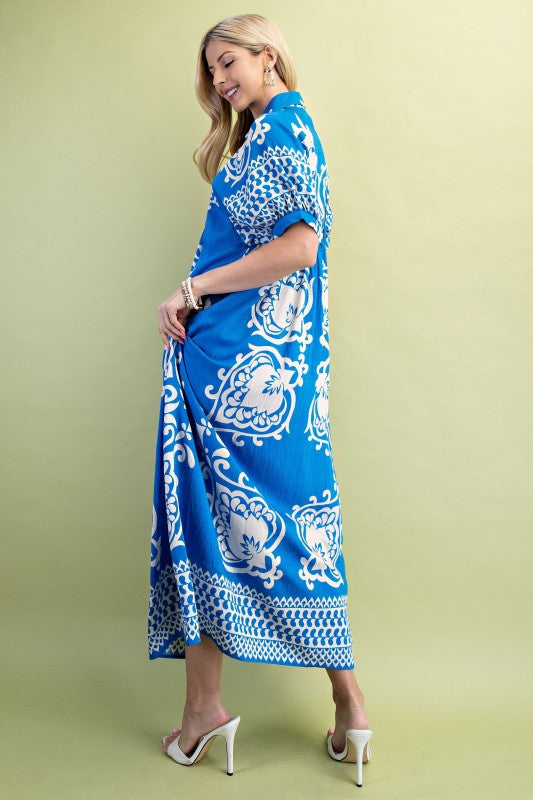 Vibrant Blue Mixed Print MIDI Dress