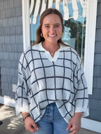 Navy & Ivory Windowpane Check Knit Top