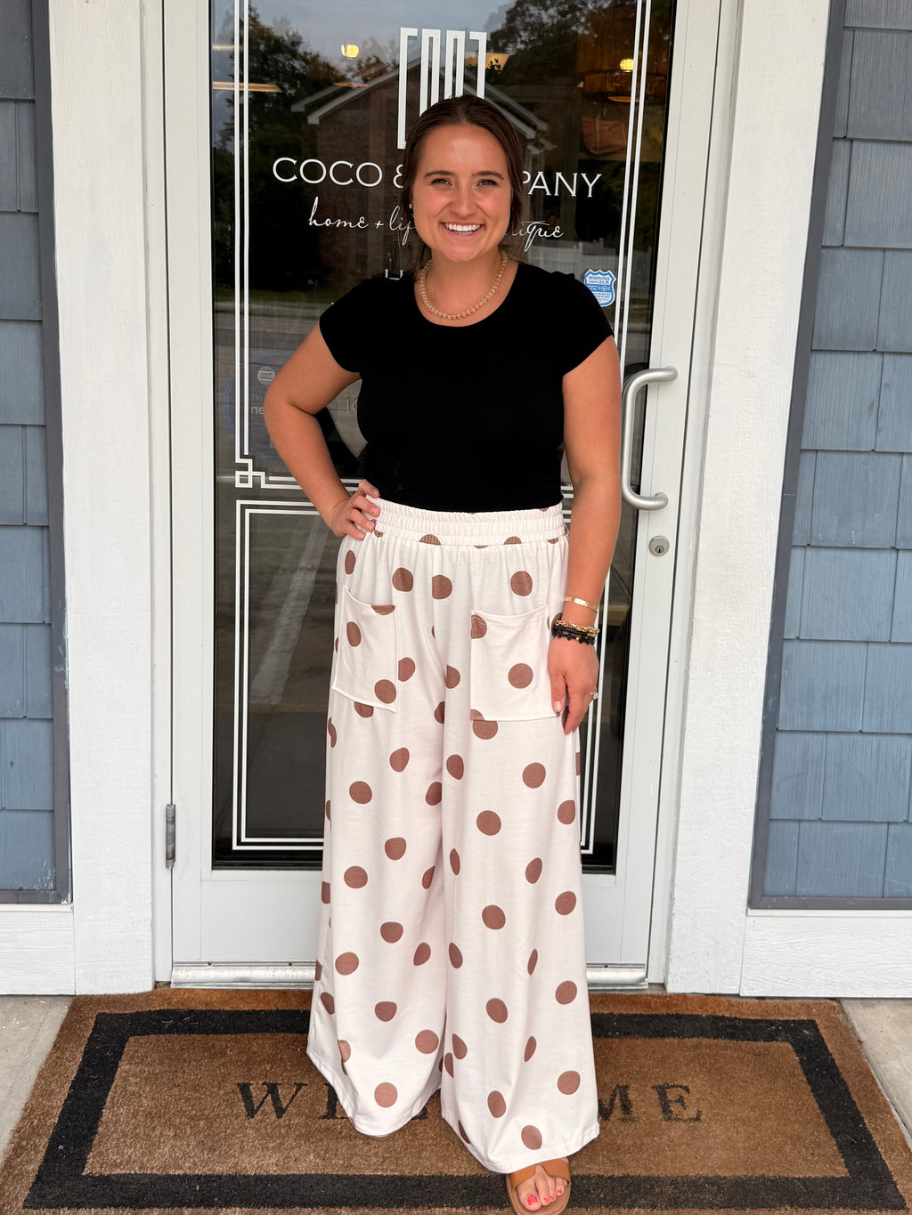 Brown & Cream Polka Dot Elastic Wide Leg Pants