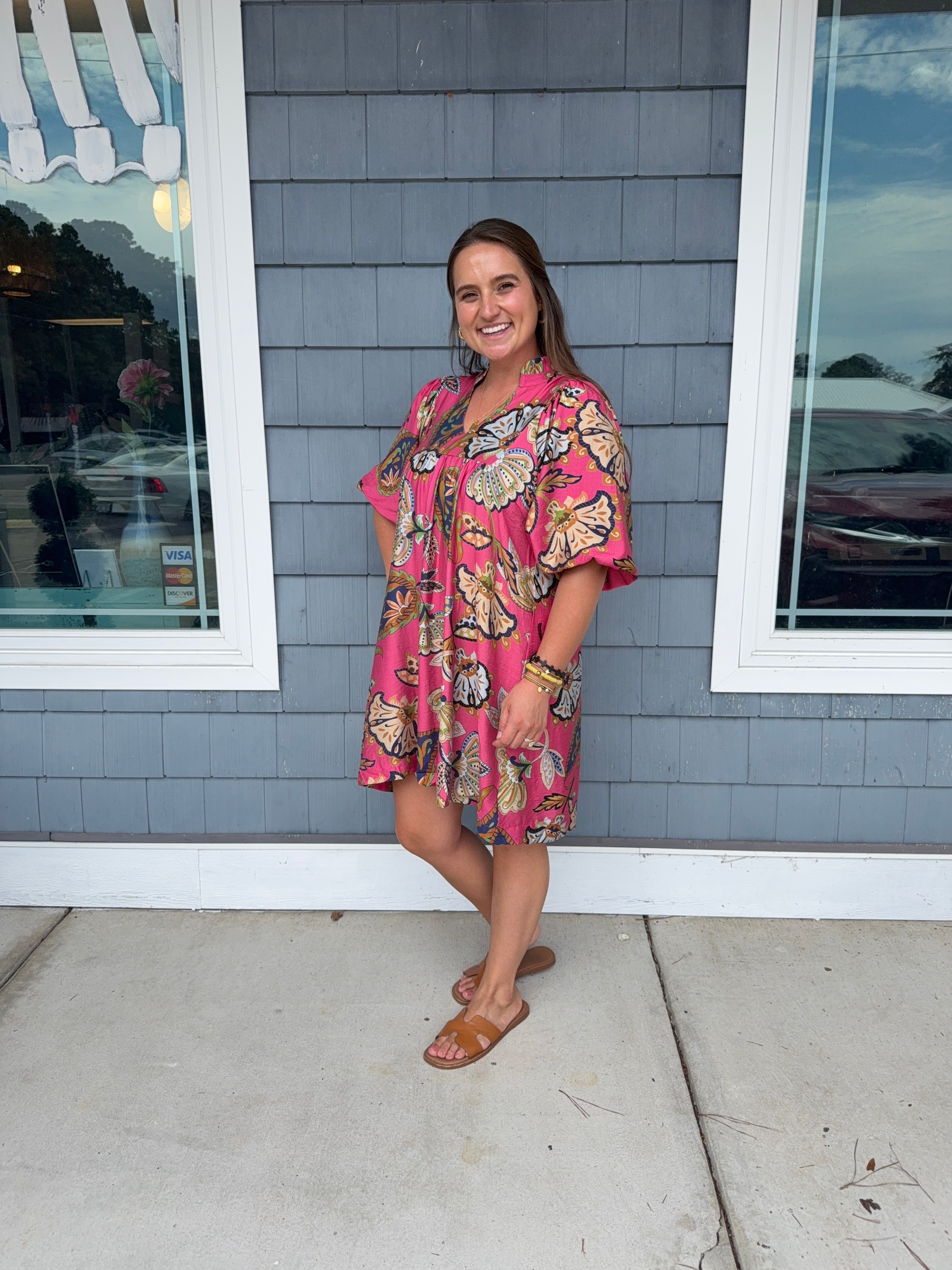 Abstract Pink Puff Sleeve Babydoll Dress