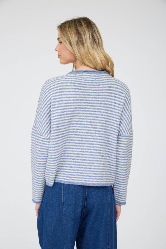 Dusty Blue Raw Edge Stripe Drop Shoulder Knit Cardigan