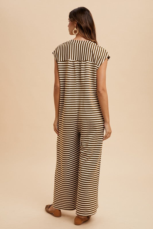 Mocha Stripe Knit Wide Leg Button Down Jumpsuit