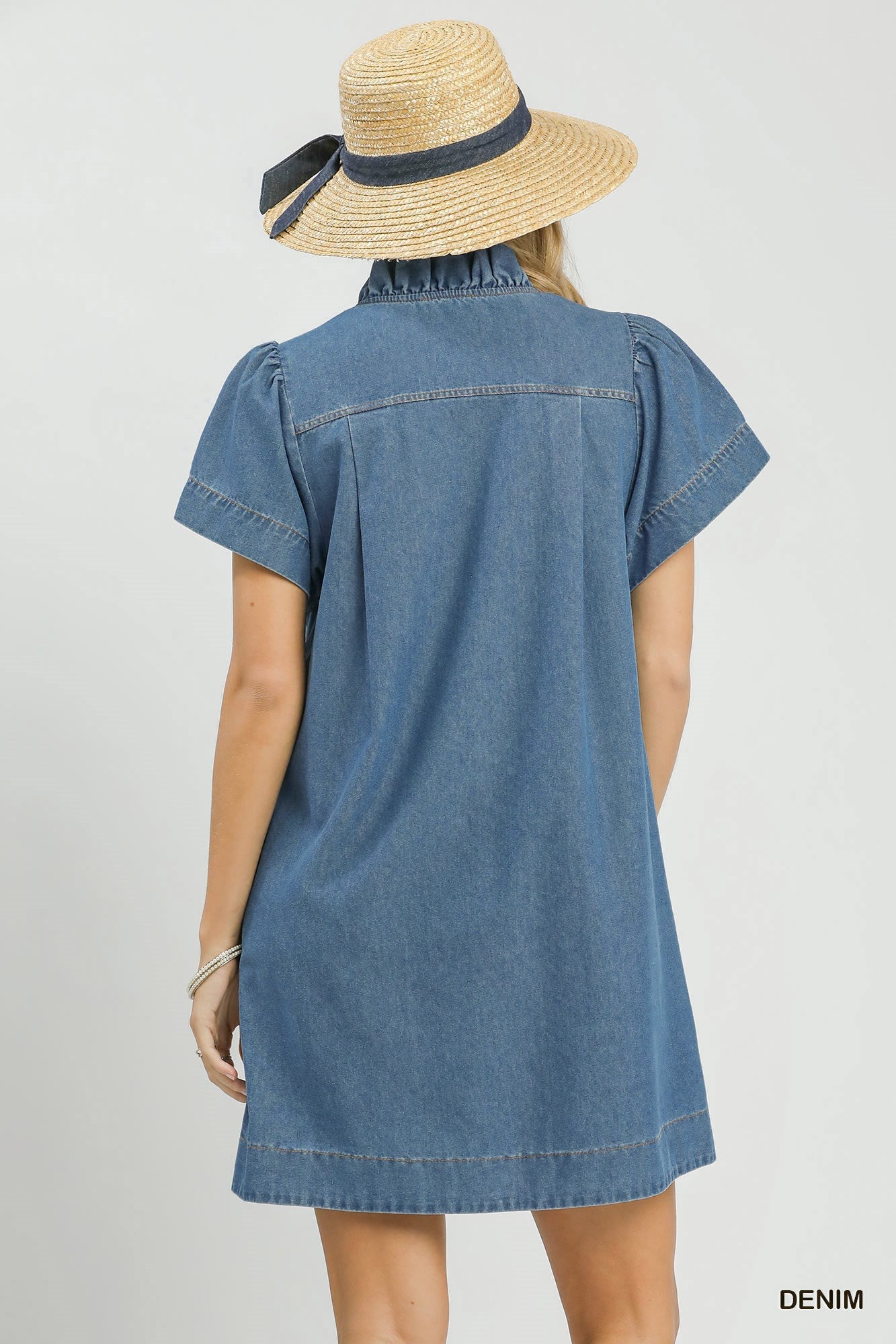 Denim Ruffle Collar Mini Dress: Ships or pickup 5/26/26
